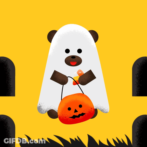 Bear In Ghost Costume Holding Pumpkin And Candy Corn GIF