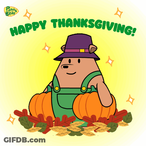 Bear In Overalls And Pilgrim Hat Saying Happy Thanksgiving GIF