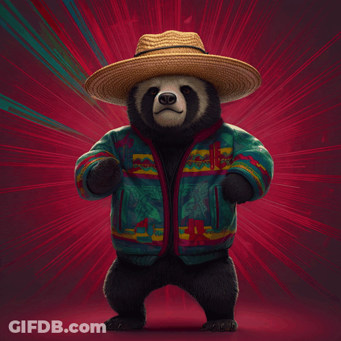 Bear In Straw Hat And Native American Jacket GIF