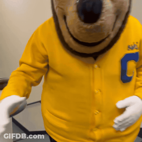 Bear Mascot In Yellow Jacket With Letter C GIF