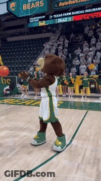 Bear Mascot On Basketball Court With Texas Farm Bureau Sign GIF