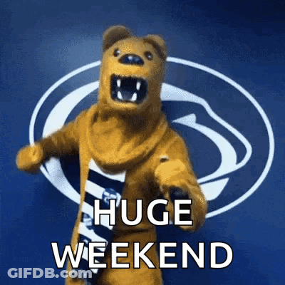Bear Mascot Saying Huge Weekend In Front Of Lion Logo GIF