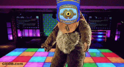 Bear Mascot Standing On Dance Floor GIF