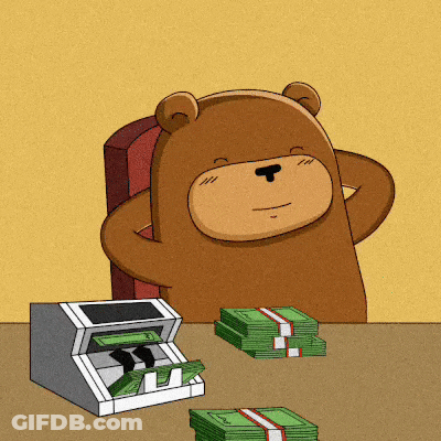 Bear Sitting At Table With Money Stacks GIF