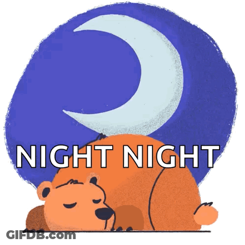 Bear Sleeping Under Crescent Moon Saying Night Night GIF