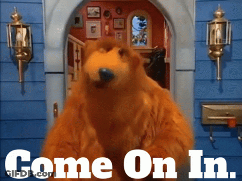 Bear Standing In Front Of Blue House Come On In GIF