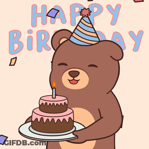 Bear Wearing Party Hat Holding Birthday Cake GIF