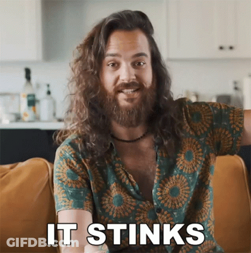 Bearded Long Haired Man On Couch Saying It Stinks GIF
