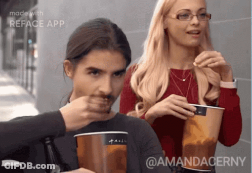 Bearded Man And Glasses Woman Eating Reface Cups GIF