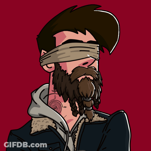 Bearded Man Blindfolded Holding Coffee Cup GM GIF
