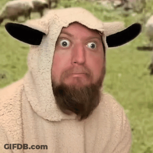 Bearded Man Dressed As Sheep With Hood And Ears GIF