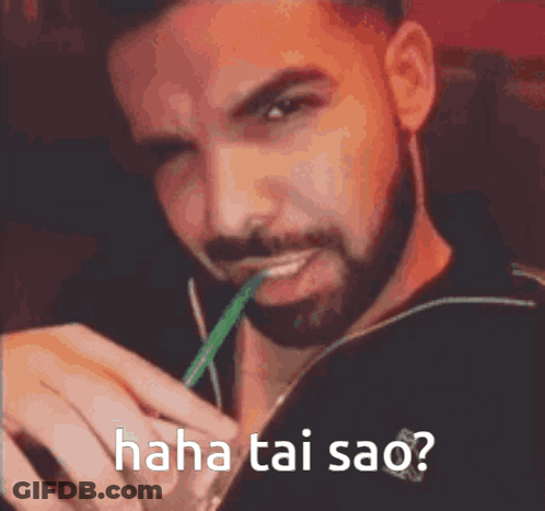 Bearded Man Drinking Green Straw Haha Tai Sao GIF