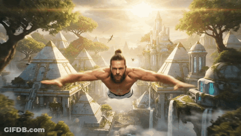 Bearded Man Flying In Front Of Castle GIF