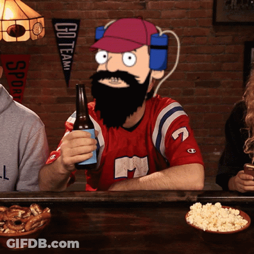Bearded Man Holding Beer In Front Of Go Team Banner GIF