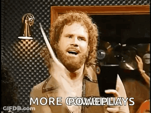 Bearded Man Holding Drum Stick Says More Powerplays GIF