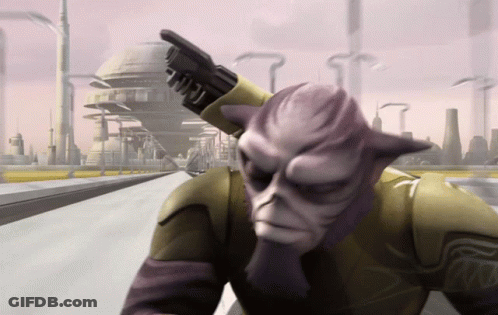Bearded Man Holding Gun In Futuristic City GIF