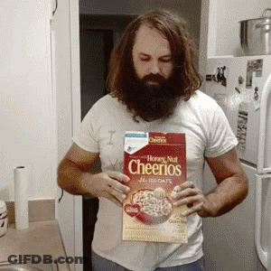 Bearded Man Holding Honey Nut Cheerios GIF