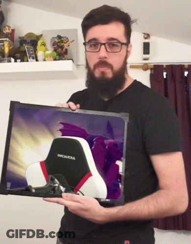 Bearded Man Holding Picture Of Chair Saying Emoluxia GIF