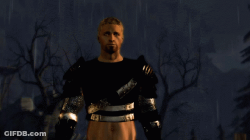 Bearded Man In Armor Standing In Rain GIF
