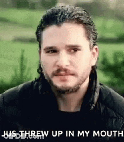 Bearded Man In Black Jacket Saying Jus Threw Up In My Mouth GIF