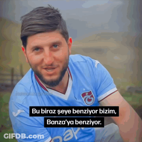 Bearded Man In Blue Jersey With Banza GIF