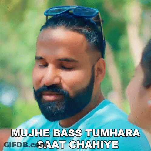 Bearded Man In Blue Shirt And Sunglasses Says Mujh Bass Tumhara Saat Chahiye GIF