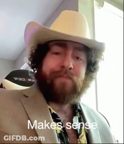 Bearded Man In Cowboy Hat And Suit Making A Face GIF