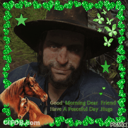 Bearded Man In Cowboy Hat Surrounded By Horses GIF