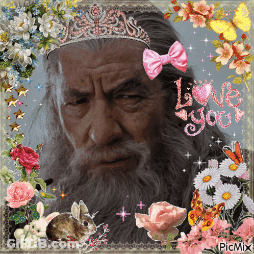 Bearded Man In Crown And Flowers Saying Love You GIF