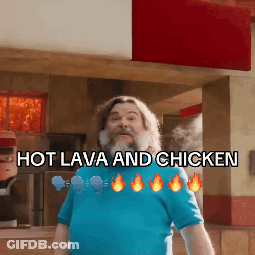 Bearded Man In Front Of Hot Lava And Chicken Sign GIF