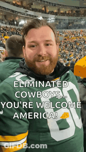 Bearded Man In Green Bay Packers Jersey In Front Of Crowd GIF