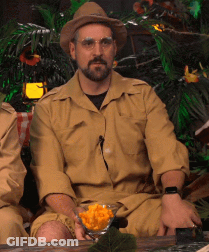 Bearded Man In Hat, Glasses Holding Food Bowl GIF