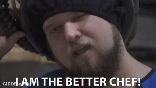 Bearded Man In Helmet Says I Am The Better Chef GIF