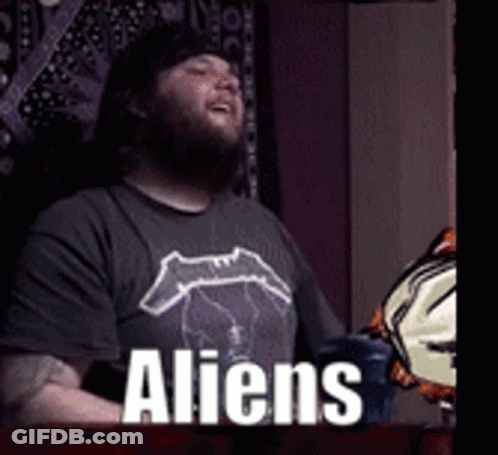 Bearded Man In Metallica Shirt Says Aliens GIF