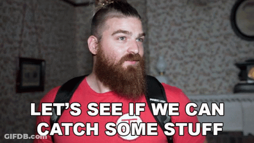 Bearded Man In Red Shirt Saying Let's See If We Can Catch Some Stuff GIF