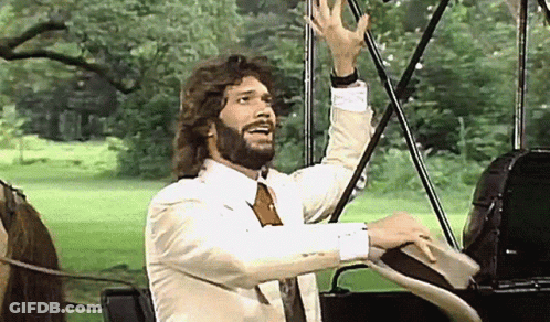 Bearded Man In Suit And Tie In Front Of Horse-Drawn Carriage GIF
