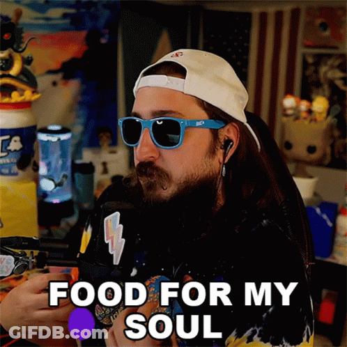 Bearded Man In Sunglasses And Hat Saying Food For My Soul GIF