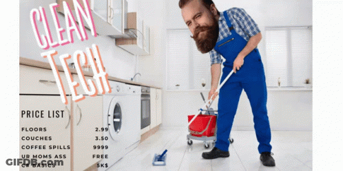 Bearded Man Mopping Kitchen Floor Clean Tech GIF