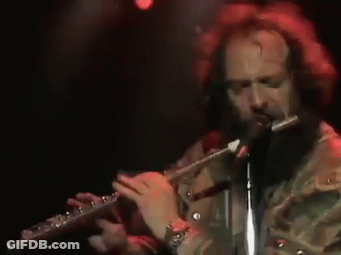 Bearded Man Playing Flute At Microphone In Dark Room GIF