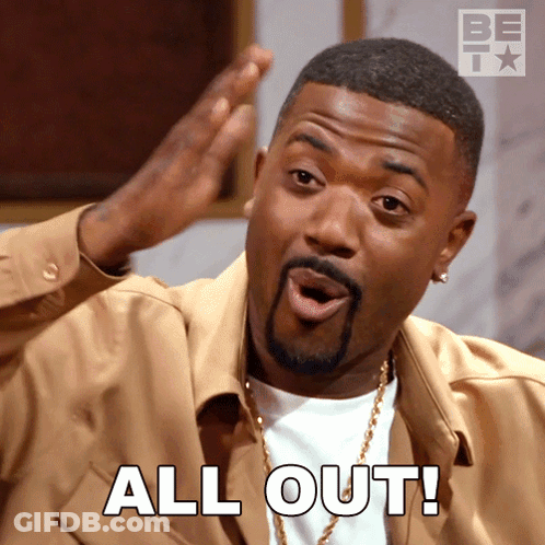 Bearded Man Saying All Out With Hands In Air GIF