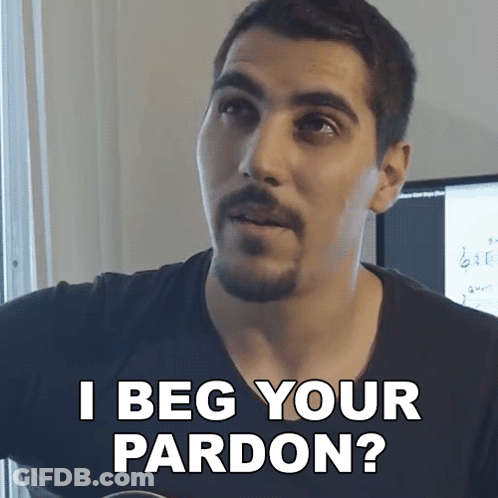 Bearded Man Saying I Beg Your Pardon Holding Guitar GIF