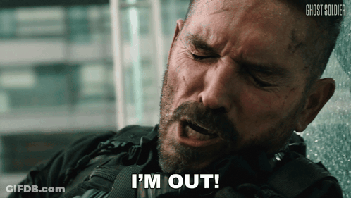 Bearded Man Saying I'm Out In Front Of Ghost Soldier Logo GIF