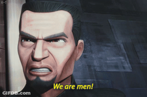Bearded Man Saying We Are Men In Yellow Letters GIF