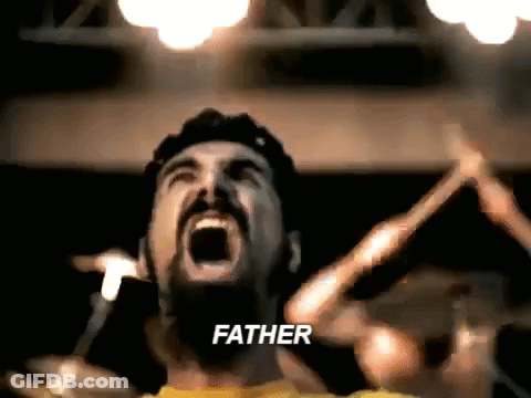 Bearded Man Screaming At Drum Set With Father Above GIF
