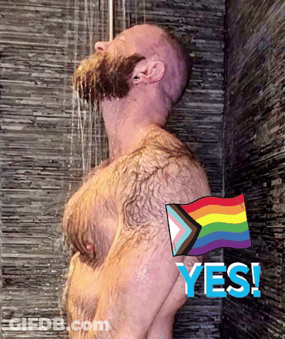 Bearded Man Showering With Rainbow Flag GIF
