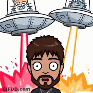 Bearded Man Standing Before Two Flying Saucers GIF