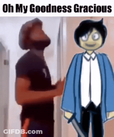 Bearded Man Standing Next To Cartoon Character With Knife GIF