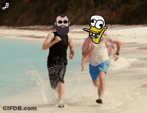 Bearded Man With Cartoon Duck On Face Running On Beach GIF