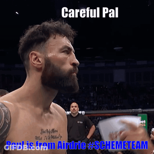 Bearded Man With Chest Tattoo In Boxing Ring Saying Careful Pal GIF