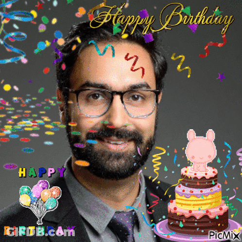 Bearded Man With Glasses Surrounded By Balloons And Confetti Happy Birthday GIF